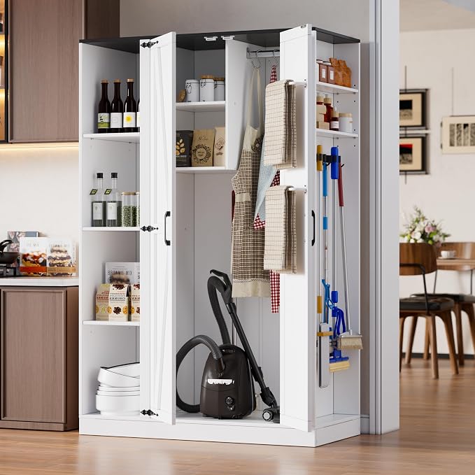 PAKASEPT Broom Closet Storage Cabinet, 63" H Wooden Vacuum Storage Cabinet, Closet with Door, Cleaning Tool Organizer with Shelf and Broom Holder, 63" H×35.4" W×15.7" D, White