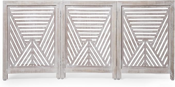 Lightnpro 3-Panel Carved Wooden Dog Gate – 54 Inch Foldable Freestanding Pet Barrier, White Wash Indoor Safety Fence for Small Dogs & Puppies – 24x18 Inch Panels