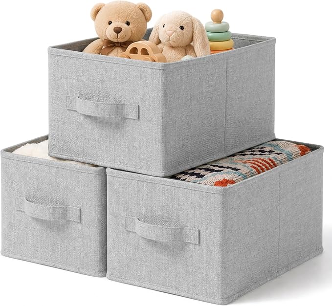 LayerSpace 3 Pack Fabric Storage Bins for Shelves | 16.25x12x10in Closet Storage Baskets | Collapsible Storage Bins |Fabric Closet Organizers with Handles | Light Gray | Thickened Rigid PP Panels, Cotton-linen Shelf Baskets, Measure 16.25"L x 12"W x 10...
