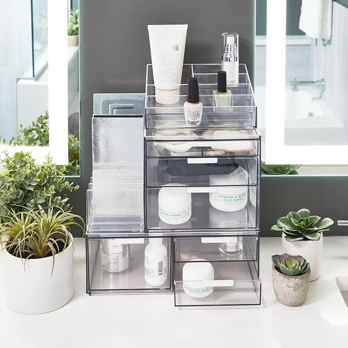 iDesign The Sarah Tanno Collection Plastic Cosmetics and Makeup Palette Organizer, 7-Compartment, Clear, 20.3 cm × 10.1 cm × 7.6 cm | 7-Compartment, Makeup Palette Organizer