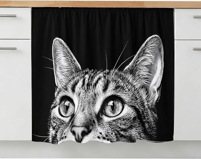 Cute Cat Small Sink Skirt 10"Wx11"L, Dustproof Under Sink Curtain with Self Adhesive Tape, Vintage Funny Pet Cat Portrait Black Cabinet Curtain Cover for Bathroom Vanity, Kitchen Storage Shelf, RV