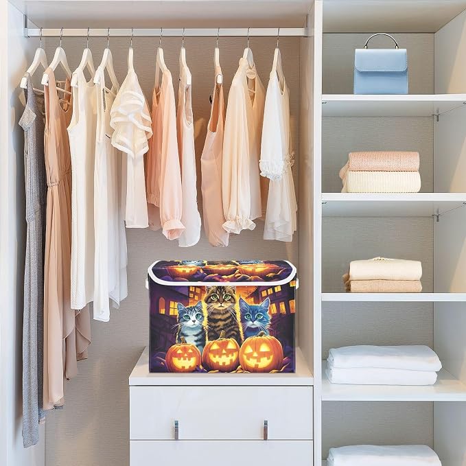 Fabric Storage Bins with Lid Halloween Cat Closet Storage Basket 40L | Decorative Storage Boxes, Foldable & Stackable, Dust-Proof Flip Top, Reinforced Handles, For Home & Dorm, Clothes & Toy Box