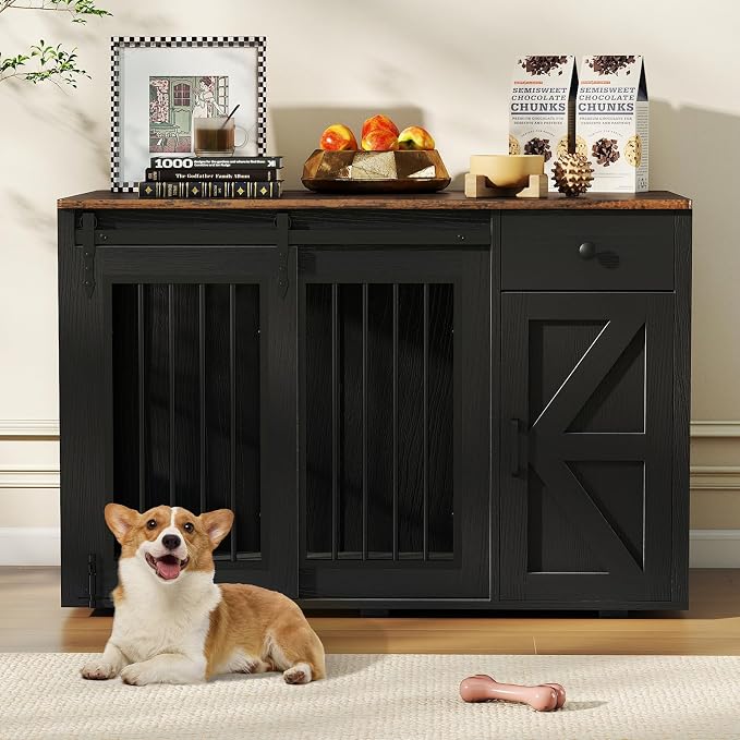 Verano Garden 44" Dog Crate Furniture, Dog Kennel (44" Right Facing Door) | 2-in-1, Lockable, Sliding Door, Removable Divider, Adjustable Shelf, Farmhouse, Heavy Duty, Small Medium Dogs, Black