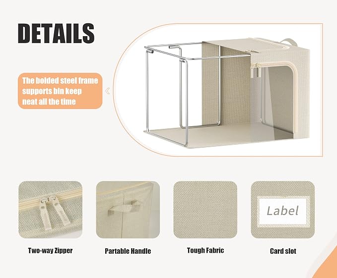 3 Openings Large Clothes Storage Bins with Metal Frame, Foldable Storage Bin for Clothes,Clothing Storage Bins with Lid, Linen Storage Box With Clear Window＆ Zippers＆ Durable Handles.(3 Pcs,Beige,66L)