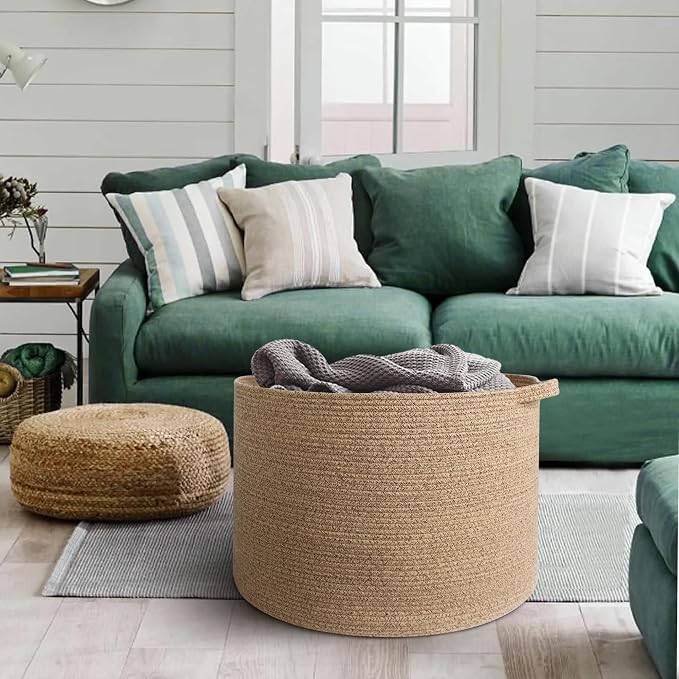 Extra Large Storage Basket, 22”x14” Woven Cotton Rope Basket, Big Kids Dog Floor Toy Bin, XXL Blanket Pillow Holder for Living Room Bedroom, Brown Variegated Round Baskets for Organizing