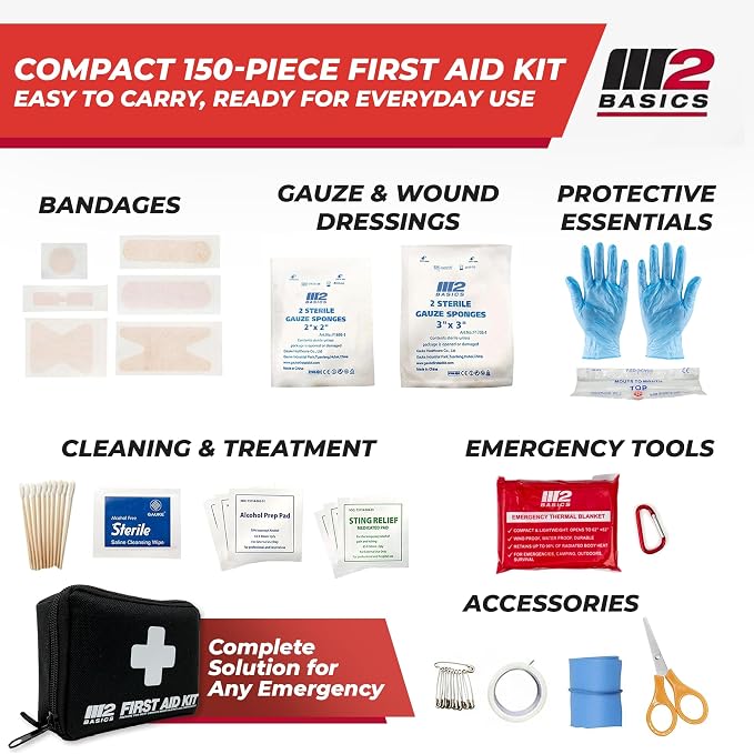 M2 BASICS 150 Piece Premium First Aid Kit, Compact Bag for Purse & Travel | On-The-Go Emergency Use, Backpack, Glove Box, Luggage, Carry-On, School, Sports, Car, RV, Boat, Hiking, Camping And Dorm