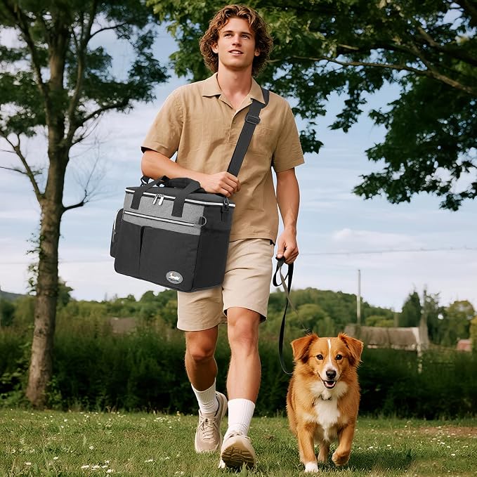 Dog Travel Bag for Pet Kit for Supplies with 2 Food Storage Containers 2 Collapsible Bowls 1 Feeding Mat 1 Dog Treat Pouch 7-Piece Set Perfect Road Trips Camping Weekend (Black)