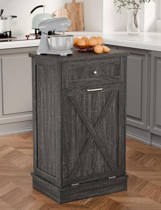 TOLEAD 10 Gallon Tilt Out Trash Can Cabinet Wooden Hidden Trash Cabinet with Solid Wood Top & Drawer, Farmhouse Kitchen Garbage Bin Enclosure Pet Proof Laundry Hamper for Kitchen, Bathroom Grey