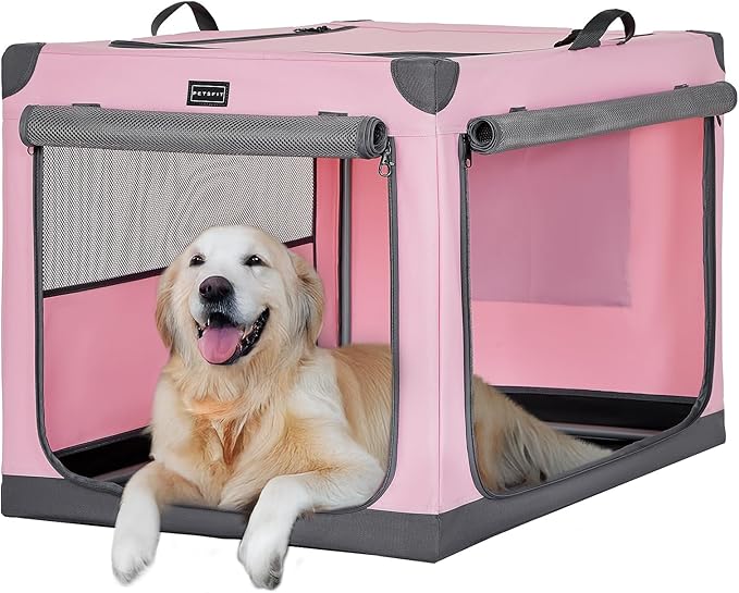 PETSFIT 40" Soft Portable Dog Crate – Patented Spiral Sturdy Frame, Collapsible Travel Kennel for Large Dogs, 3 Mesh Door, Lockable Zippers, Indoor & Car Use Pink