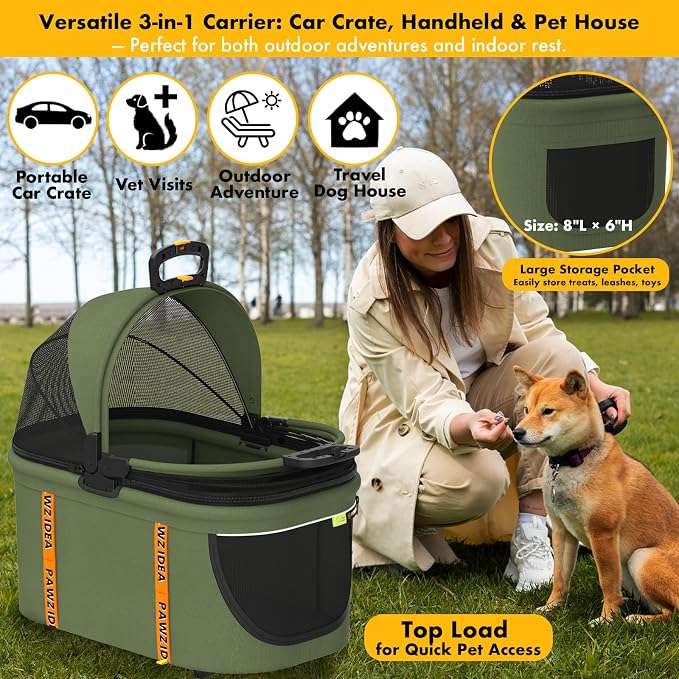 PAWZIDEA Portable Small Dog Crate for Car Travel Up to 33lbs, No-Zip Canopy | Enclosed Dog Car Seat Escape-Proof, Soft-Sided Small Medium Puppy Cats Car Kennel, Foldable Pet Carrier by Seatbelt, Top-Load