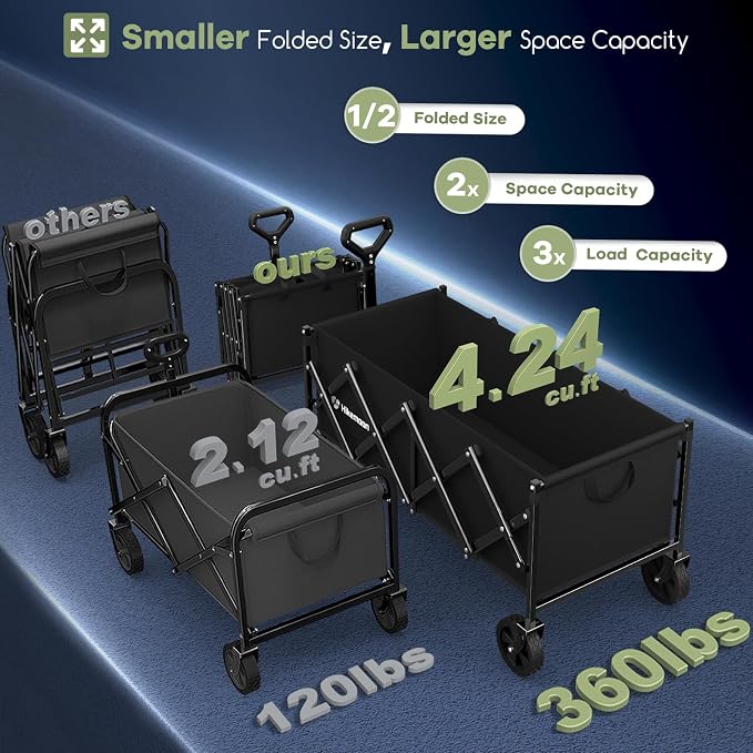 34'' Extra Long Folding Portable Wagon Cart, 120L 360LBS Black | Wagons Carts Foldable, Heavy Duty, Collapsible Compact Storage, Utility for Shopping/Grocery/Garden/Camping/Sports