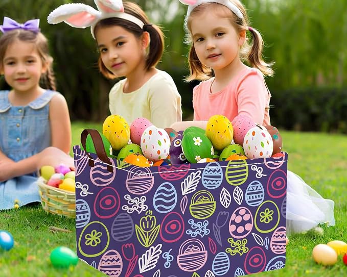 Large Rectangular Easter Baskets Empty Waterproof Boy Toy Box Foldable Kid's Gifts Storage Bin Spring Room Decor(Purple Striped Egg)