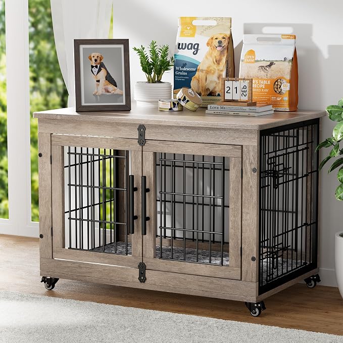 YaFiti Dog Crate Furniture, 32.5” Wooden Indoor Dog Kennel, 2 Pack, Grey | Cushion, Wheels, Double Doors, Furniture Style, Side End Table, Decorative Pet Cage House, Up to 45 lb, for Small/Medium Dogs