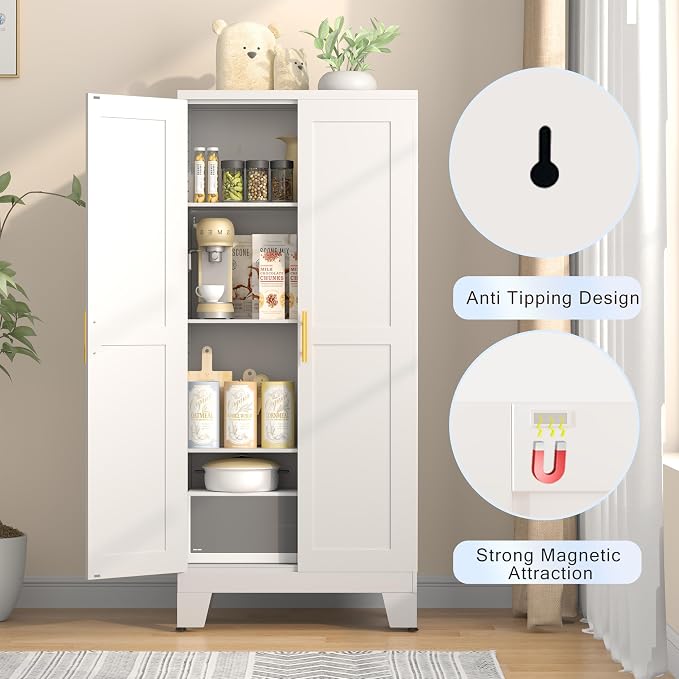 GAIOUS 61.02" Metal Pantry Cabinet, White Kitchen Pantry Storage Cabinets | with Adjustable Shelves and Feet, Pantry Storage Cabinet for Kitchen, Dining Room, Living Room, Bathroom, Linen Craft cabinet