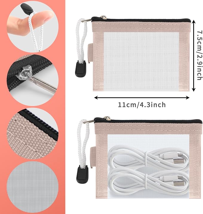 Classycoo Mini Zipper Mesh Bags 5 Pack, 3" x 4.3" Nylon Small Zipper Mesh Tiny Coin Purse Organizer Pouch Key Card Holder, Portable Travel Makeup Cosmetic Bags for Lipstick, Earphone (Pink)