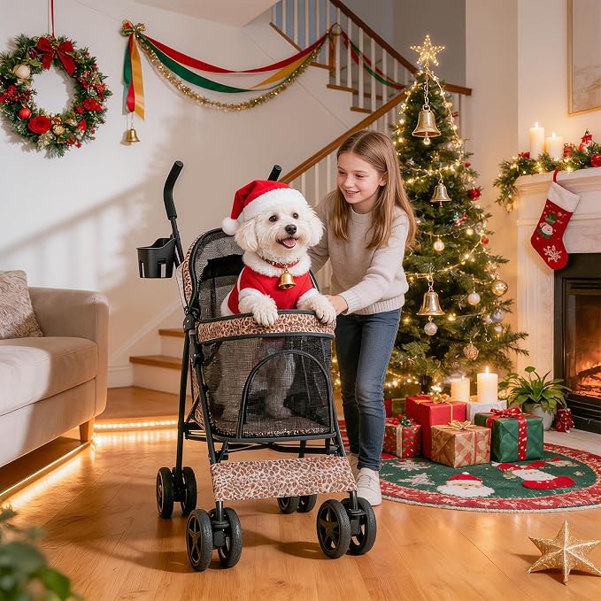 MoNiBloom Pet Stroller for Small/Medium Dogs and Cats, Leopard Print | Foladble 4 Wheels Easy-Fold Puppy Cage Jogger Stroller with Sun Cover, Pad and Rear Storage Bag, Breathable and Visible Mesh