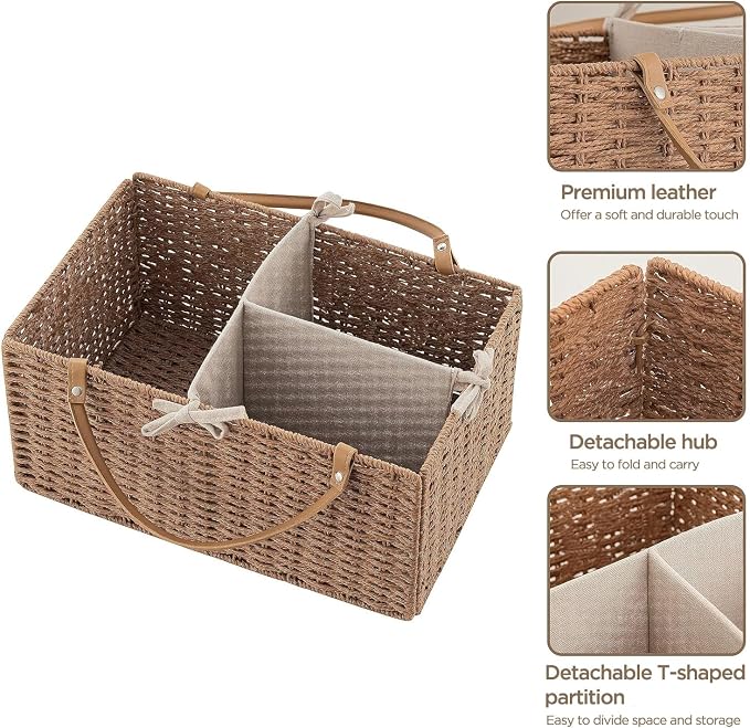 HBlife Baby Diaper Caddy Organizer, Paper Rope Storage Baskets Nursery Bin with Removable Divider, Portable Car Organizer for Diapers, Baby Shower Gifts, Newborn Essentials Must Haves