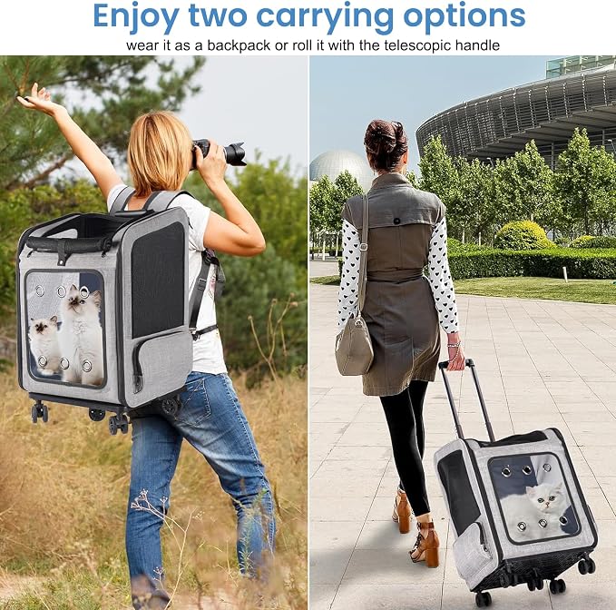 Extra Large Cat Backpack Carrier with Wheels for Cats Under 30 Lbs | Large Space Pet Backpack Carrier for Dogs Puppies Rabbits Other Animals under 25 Lbs, Great for Travel / Hiking / Outdoor Use