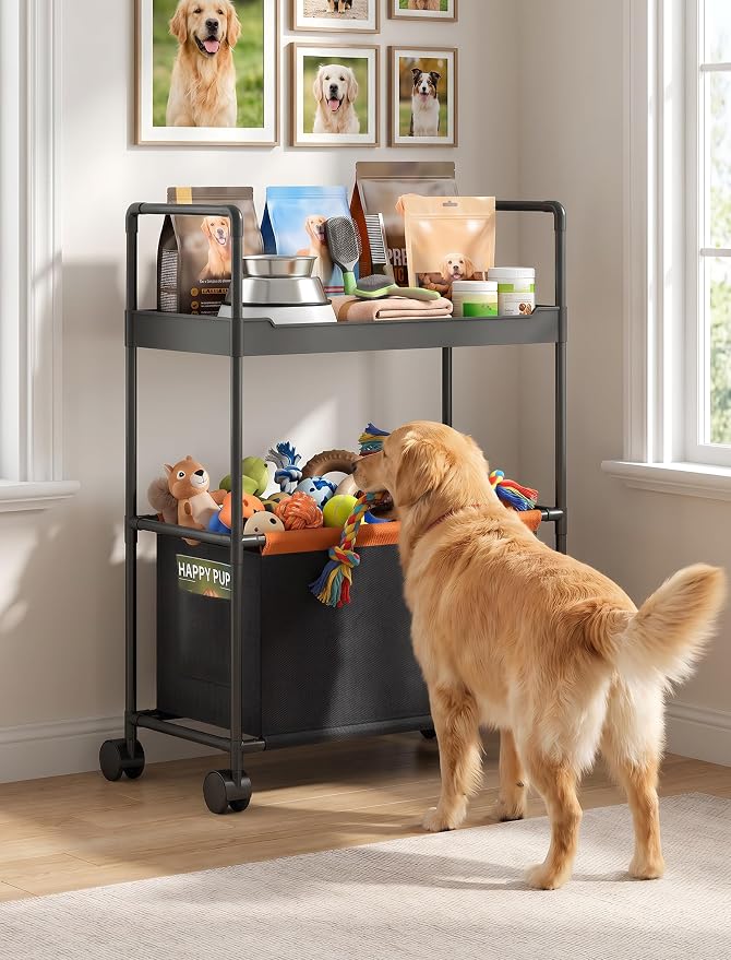 NiHome 2-Tier Dog Toy Basket Storage Cart, Dog Toy Rolling Organizer, Black | Pet Toy Storage Rack, Top Shelf, Oxford Fabric Basket, Metal Frame with 4 Swivel Casters, for Dog Toys, Treats, and Supplies