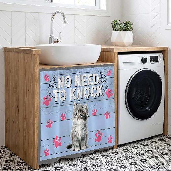 NO Need to Knock Cabinet Dishwasher Hidden Curtains, Privacy Closet Door Curtain, Cat Pet Paw Prints Pet Lover Farmhouse Adhesive Dust Proof Under Sink Skirt for Bathroom Kitchen 35"x35"