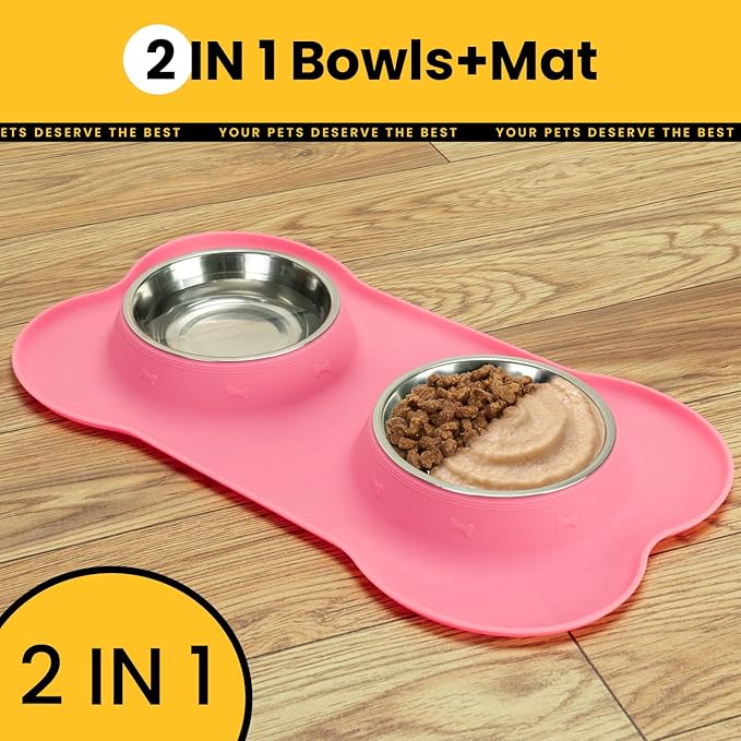 Conlun Dog Bowls with Silicone Feeding Mat,No Spill Food Water Dish Set,Dishwasher Safe,2 Stainless Steel Puppy Bowls with Dogs Bandanas,Suitable for Tiny Pets Under 8lbs,Extra Small,Pink