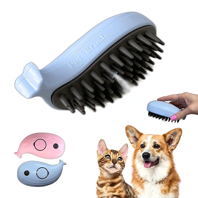 Generic Self-Cleaning Deshedding Brush with Steam for Cats and Dogs - Silicone Whale Model for Grooming Loose Hair (Baby Blue and Pink)