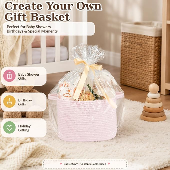 XUANGUO Woven Cotton Rope Storage Basket with Handles 13x10x9 inch Pink | Woven cotton rope basket for shelves and closets. Perfect for toys, books, clothes, nursery storage and gift baskets.