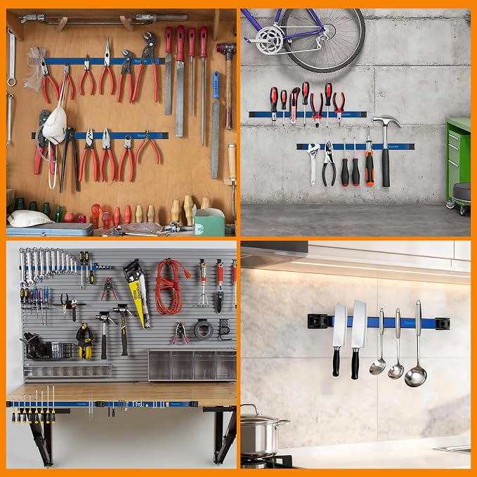 18" Magnetic Tool Holder Strip, 6 Pieces Blue Metal Tool Organizer Rack with Stainless Steel Surface, Magnet Bar for Garage Workshop, Easy To Install with Mounting Screws