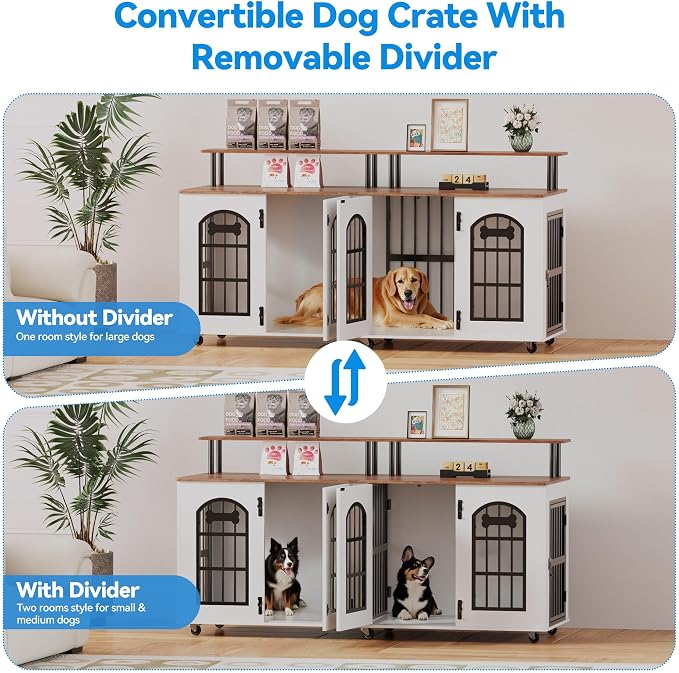 Petrova 63" Dog Crate Furniture for 2 Dogs, Heavy Duty Indoor Dog Kennel for Medium/Large Dogs, Wooden Dog Cage with Removable Divider, 6 Lockable Wheels, Storage Compartment, White
