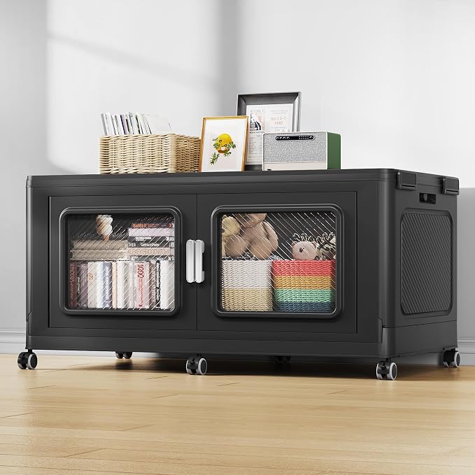 BROVIEW 300 Qt Extra Large Stackable Storage Bin with Lid, 1 Pack Black | 75Gal Extra Large, Collapsible Storage Boxes with 1 Lid, Folding& Rolling Plastic Drawer, Heavy-Duty Cabinet Organization