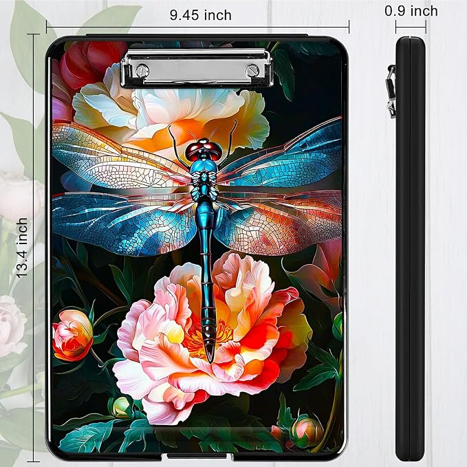 Peony Dragonfly A4 Clipboard with Storage Pen Holder, Clipboards Organizer Nursing Clipboard Foldable File Folder Plastic Clipboard Folio Clip Board for Office Students Classroom Doctor