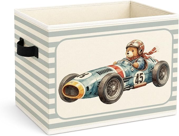 Race Car Bear Storage Bin, Blue Gray Stripe Foldable Fabric Basket | Teddy bear racer collapsible fabric organizer for nursery, bedroom, playroom, toys, books, and clothes