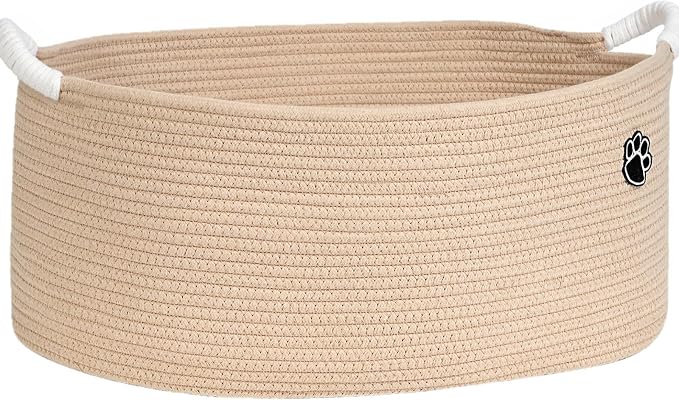 Optish 40L Extra Large Dog Toy Basket, 20" x 14" x 9" XL Toy Storage Box and Bin with Handles, Woven Cotton Rope Foldable Basket for Blankets, Living Room, Bedroom, Home Decor, Camel