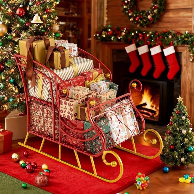 Metal Santa Sleigh, Red Christmas Decoration Sleigh Cart w/ 2-Tier Large Cargo Area for Present, Santa’s Gift Sleigh for Home Lawn Yard, Outdoor Christmas Sleigh Basket for Holiday (Hollow)