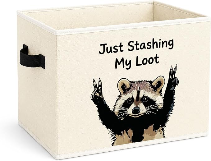 Funny Raccoon Foldable Fabric Storage Bin | Just Stashing My Loot design for kids toys, clothes & books