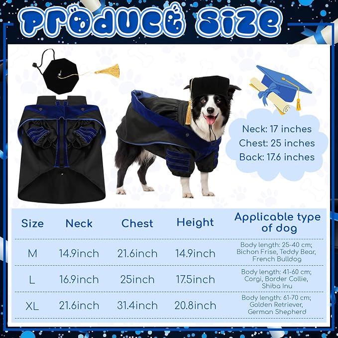 Huhumy 3 Pcs Dog Cat Graduation Doctoral Costume Set, 2026 Pet Phd Graduation Cap and Deluxe Doctoral Gown with Hood Side Tam Puppy Kitty Dogs Grad Holiday Party Costume Accessory(Royal Blue,L)