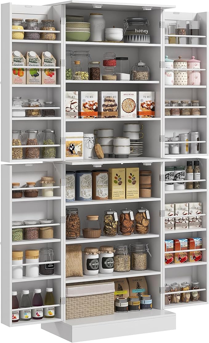 HOMCOM 65" Kitchen Pantry Storage Cabinet 16 Door Shelves White | Freestanding Kitchen Cabinet, 4 Doors, 8-Tier Shelving, Adjustable Shelves