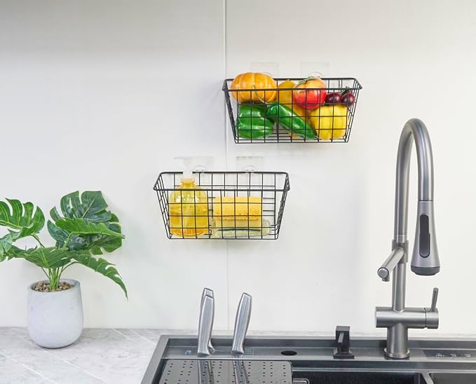 JUNCHU CHERRY 5 Pack Hanging Storage Basket, Bathroom Basket, Household Goods, with Traceless Tape, no Drilling, for Cabinet Storage, Kitchen, Bathroom, Storage Room,Black