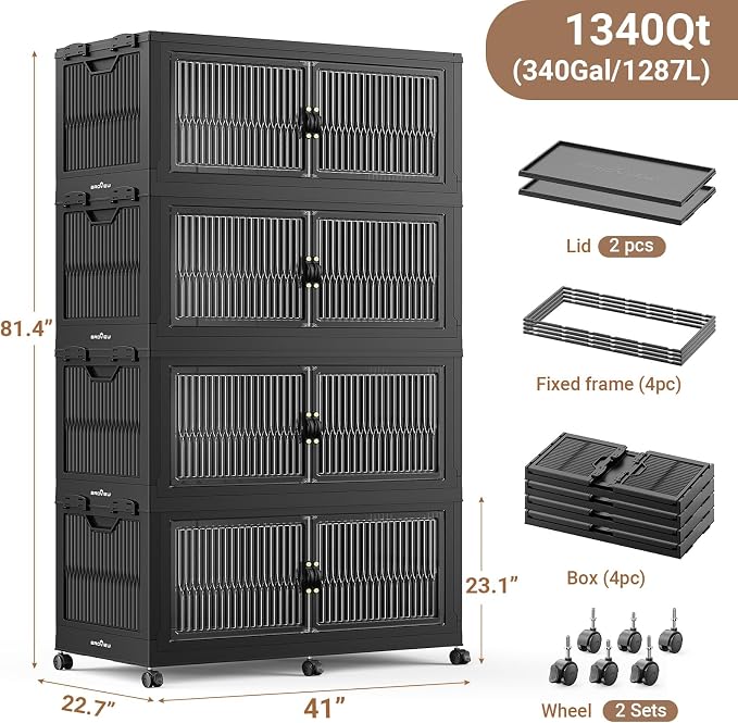 BROVIEW 1360QT Extra Large Stackable Storage Bins with Lids, 4Pack Black | 340Gal Plastic Collapsible Cabinets Containers, Wheels & PET Doors, Foldable Closet Organizers Drawers for Office, Dorm