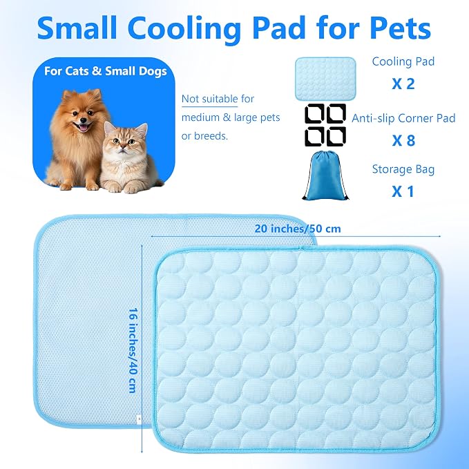 MCEAST 2 Pcs Cat Cooling Mat 20" x 16" Self Cooling Pad for Smal Dogs Cats Non-Slip Cool-Chill Mats Summer Pet Blanket with Storage Bag Washable Cool Pet Pad for Floor Sofa Car Travel, Small