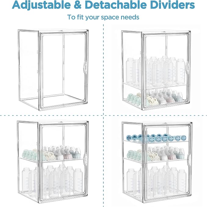 HBlife Baby Bottle Storage Organizer for Countertop Cabinet, 3 Tiers Adjustable Clear Acrylic Bottles Storage Station Case Box Container with 2 Removable Dividers and Magnetic Door, X-Large