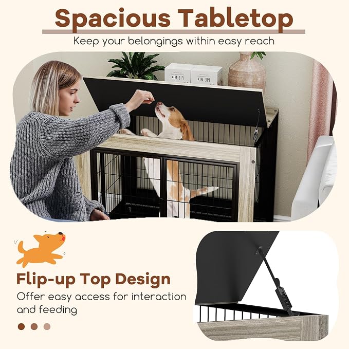 PETSITE Portable Dog Crate Furniture, 38 Inch Wooden Dog Kennel Side Table with Flip-up Top, 3 Lockable Doors and Removable Tray, Ideal for Small to Medium Dogs (Grey)