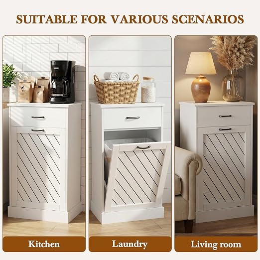 njnj 13 Gallons White Tilt Out Trash Cabinet, Kitchen Hidden Trash Bin Cabinet Wood Garbage Recycling Cabinet with Hideaway Drawer, Pet Proof Freestanding Trash Bin for Kitchen Living Room