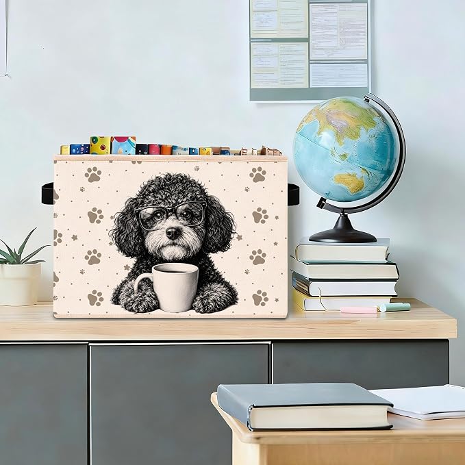 Poodle Coffee Storage Bin, Foldable Fabric Organizer Basket | Cute poodle coffee storage bin with glasses dog artwork, paw print pattern, foldable design and side handles.