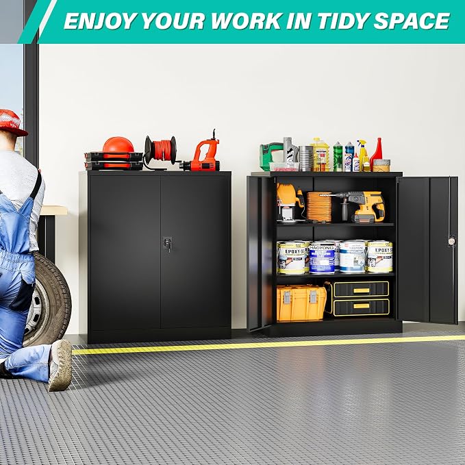 Small Metal Storage Cabinet with Doors and Shelves,36 inch Black Locking Garage Cabinet,Lockable Short Steel Cabinets for Home,Office,Shop,Garage