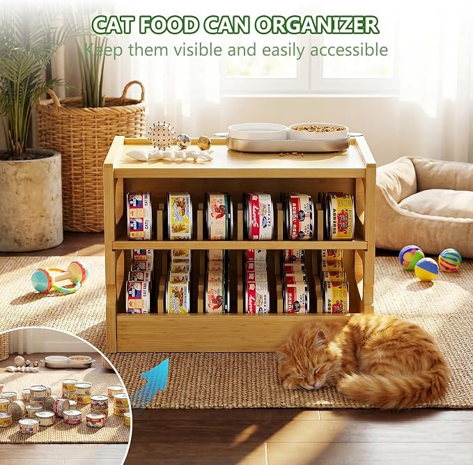 Bamboo Cat Food Can Organizer, Holds 36 (3oz) Cans, Cat Wet Food Storage Rack, Rolling Cat Food Can Dispenser for Pantry