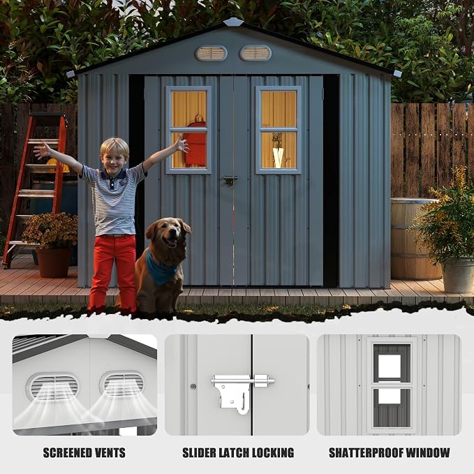 8x8 FT Outdoor Storage Shed, Metal Storage Shed with 4 Windows & Lockable Double Doors, Heavy-Duty Storage Tool Shed with Protective Film for Backyard Garden, White