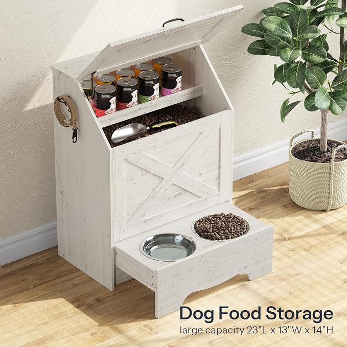 HOOBRO Dog Feeding Station with Sliding Drawer and 2 Hidden Bowls, Pet Feeding Station with Flip-Up Door, Dog Food Storage Cabinet with 2 Hooks for Living Room and Bedroom, Cloud White WT03PO03