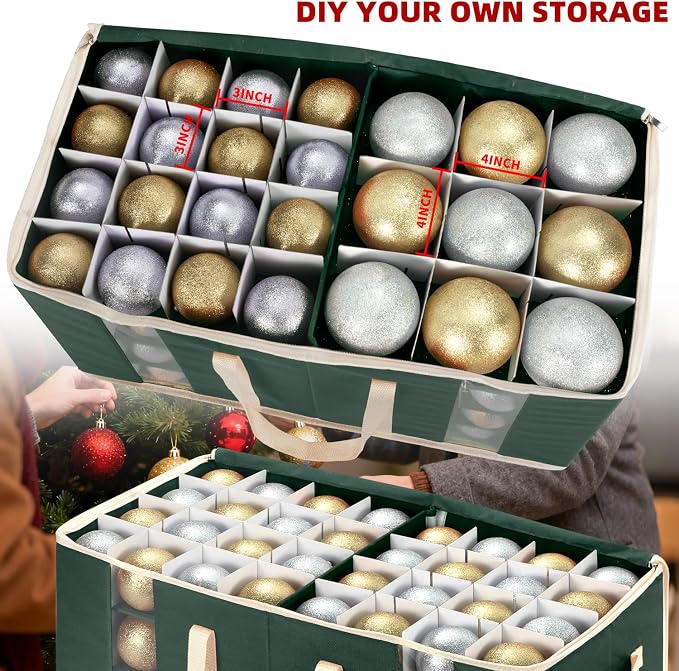 Christmas Ornament Storage Box with Adjustable Dividers and Side Pockets, Large Ornaments Storage Container Bin with Zippered Top for Xmas Decorations (128-3" Balls, Green, Without Tray)