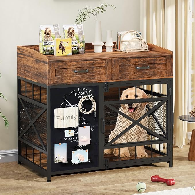 Dog Crate Furniture, 38 Inch Dog Kennel Indoor Furniture with Storage Drawers and Adjustable Foot Pads, Wooden Pet Cage End Table with Rotating Wheels and Blackboard for Small Medium Large Dogs